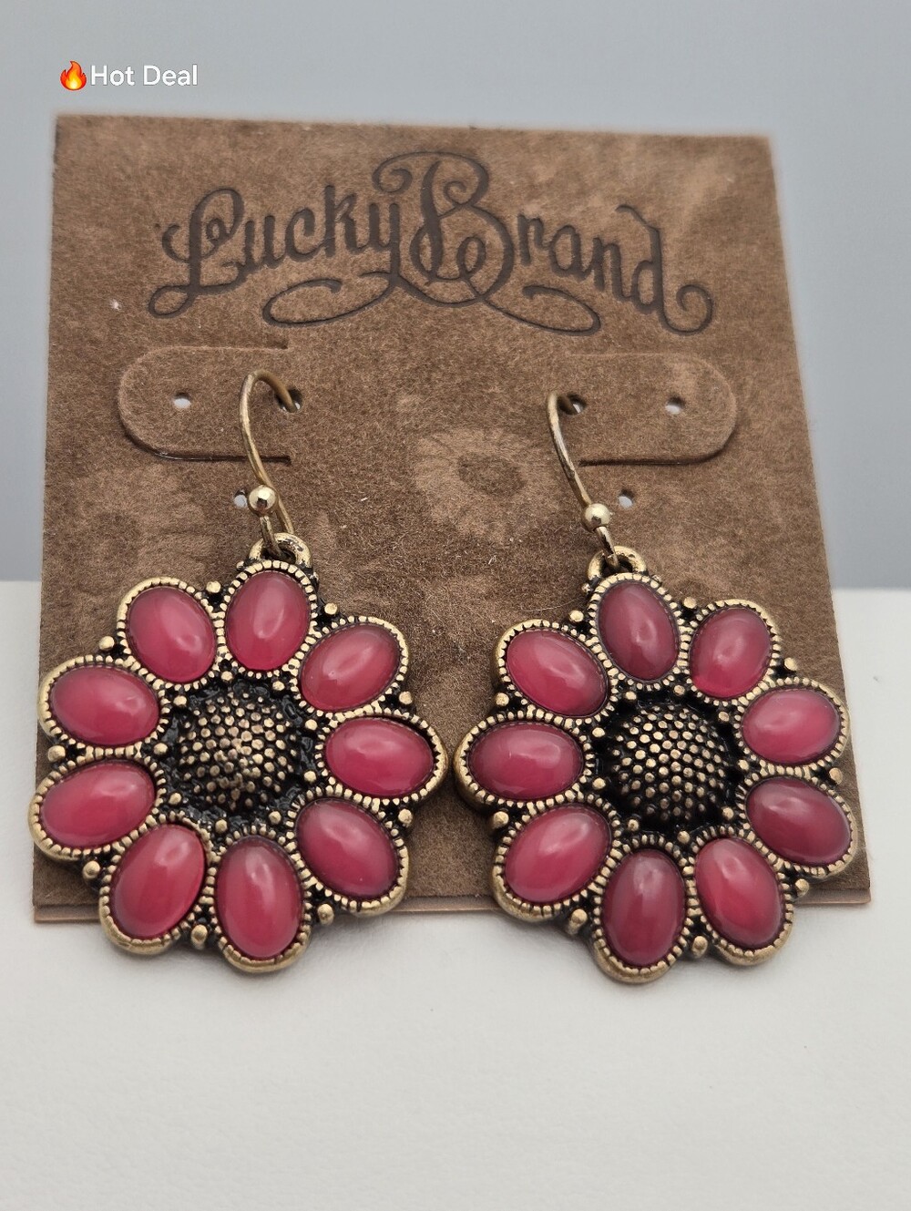 Lucky Brand Pink Flower Dangle Earrings Hummingbird Western Boho Silver Tone 1.5